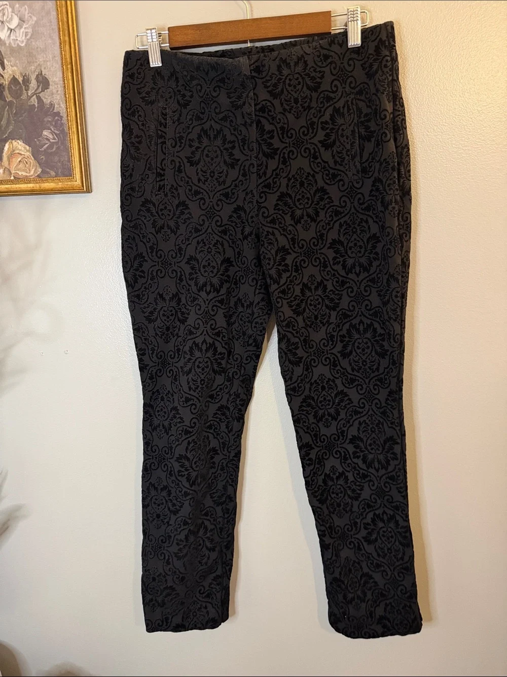 Chico’s Black Flocked Damask Slim Ankle Pants | Textured Stretch 10 - Picture 3 of 7